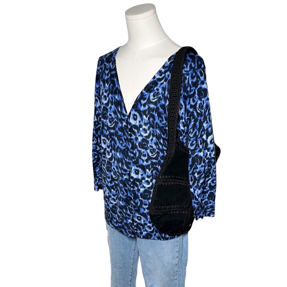 Merino Wool Leopard Cardigan Talbots Blue Black Animal‎ Print Classic Women L - Picture 3 of 13